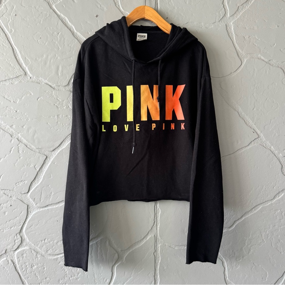 Victoria’s Secret PINK Cropped Hoodie Black Neon Ombre Logo Size M